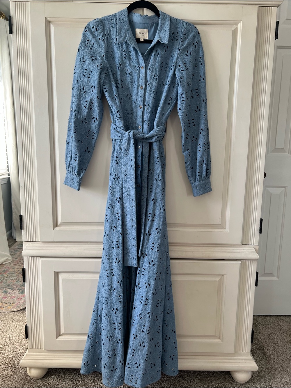 Sezane Bella Dress in Bleu Vintage, Eyelet Maxi w/ Tie Waist, size 36 - Picture 3 of 16